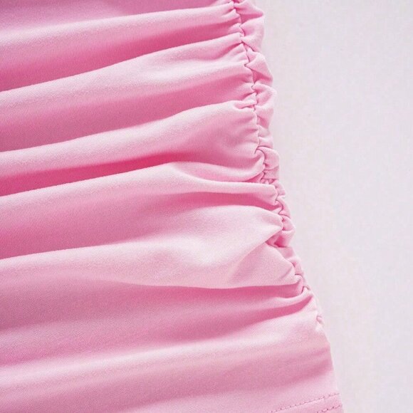 Pink Casual Women's Solid Color Pleated And 3D Flower Decorated Strapless Dress - Picture 4 of 6